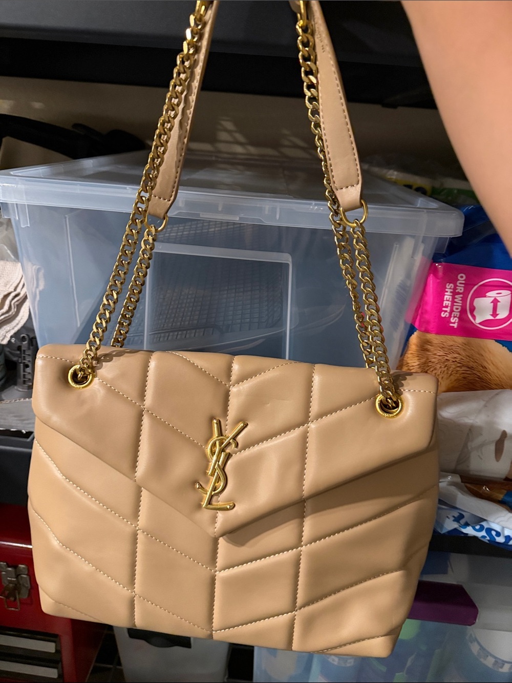 Saint Laurent Beige Quilted Shoulder Bag with Gold Chain